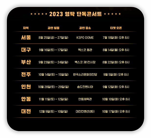 2023 탁쇼 시즌2 TAKS WORLD 영탁 전국투어 콘서트 일정